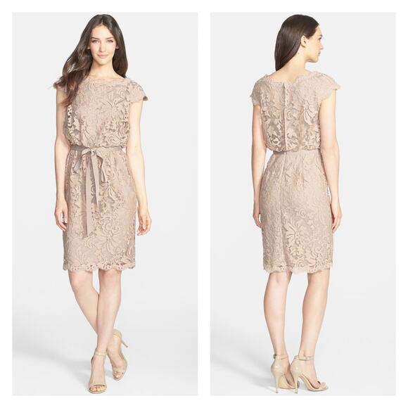 Tadashi Shoji Dresses & Skirts - TADASHI SHOJI Greta Sand Lace Tie Waist Dress Size 12